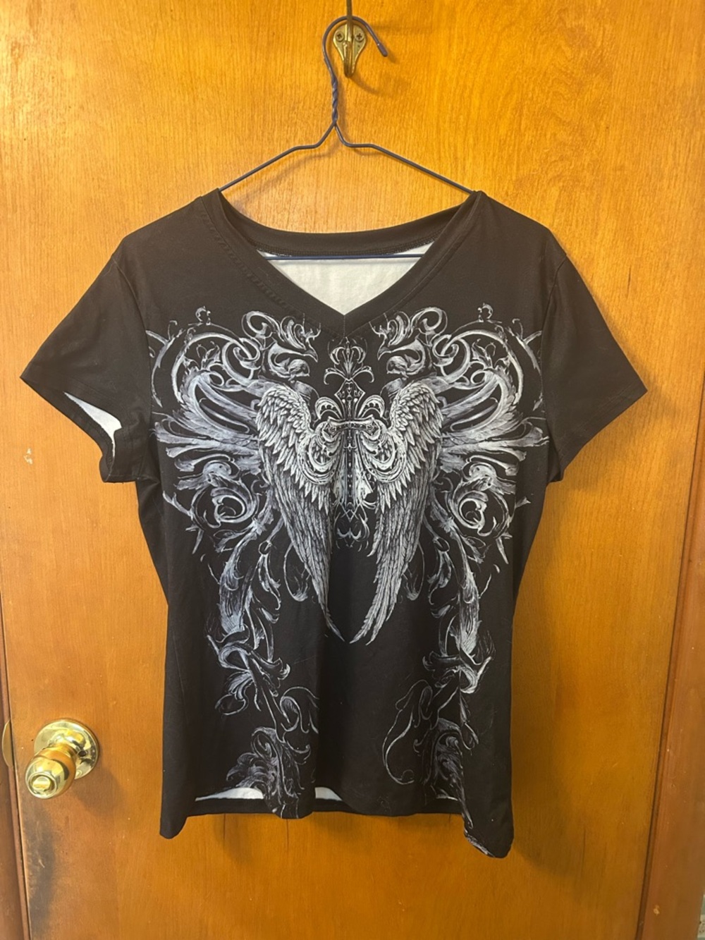 Black Angel Wing Graphic V-Neck Tee - Women